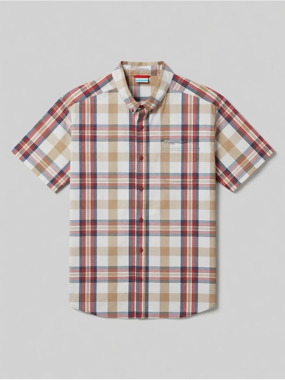 Columbia Short-Sleeve Plaid Button-Up Shirt in Beige and Red
